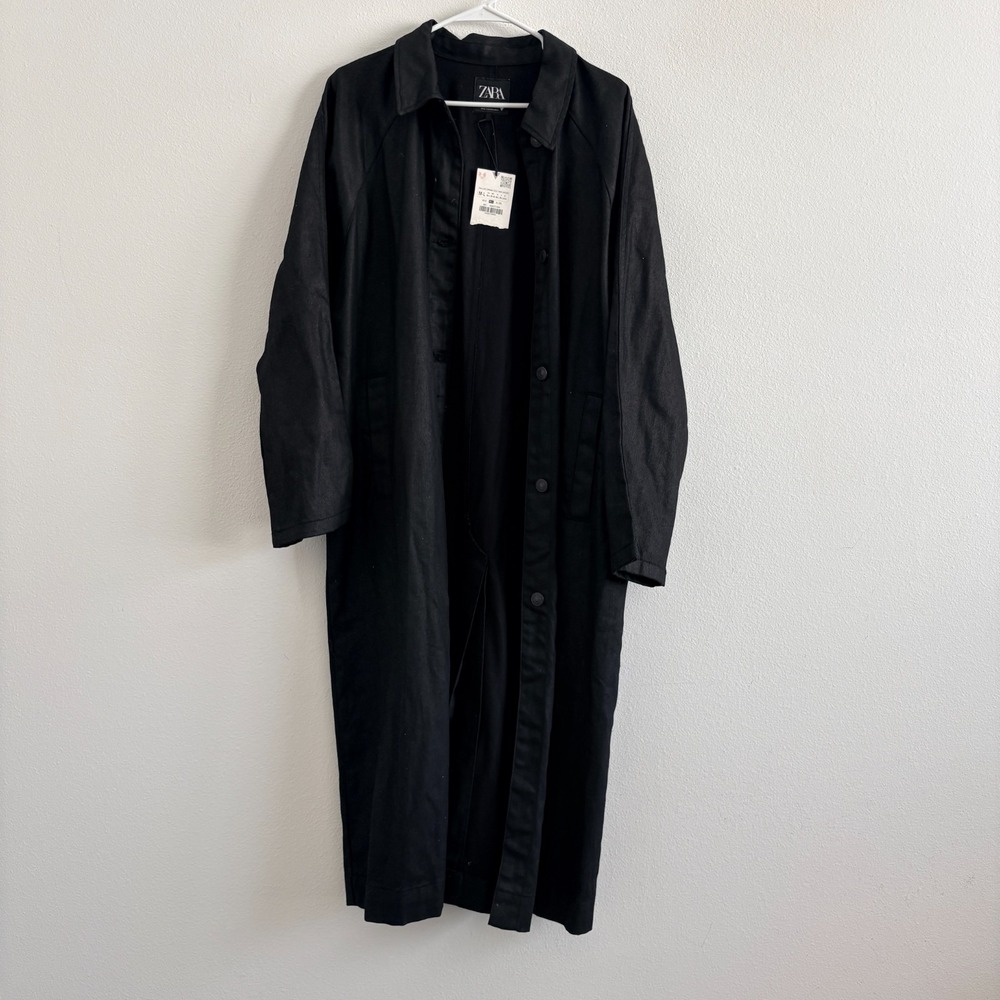 Zara Waxed Denim Trench Coat Women M/L Black Maxi Steampunk Minimalist Grunge